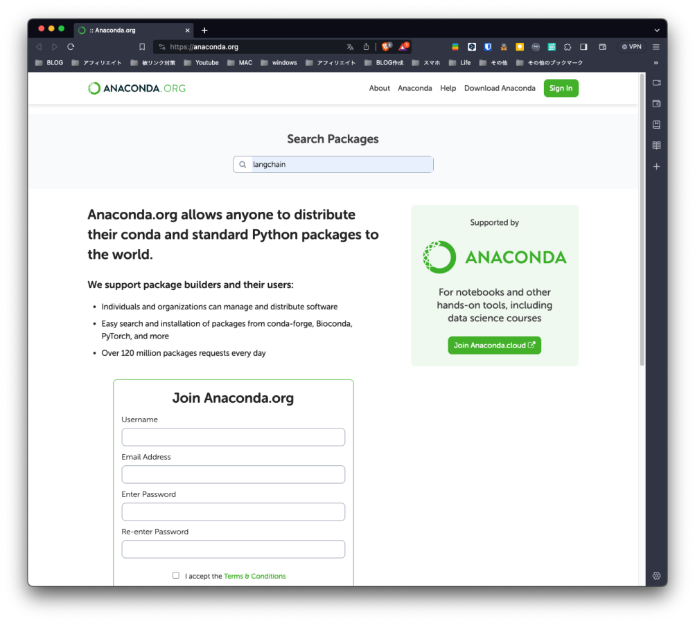  Anaconda Cloudにアクセスして、検索バーにlangchainと入力します。該当するパッケージがあれば、どのチャンネルで提供されているかが表示されます。