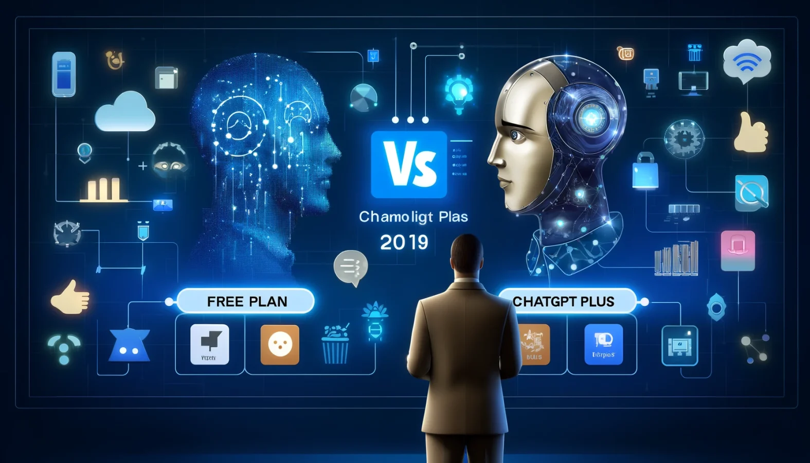 OpenAIのChatGPTプランを比較するデジタルインターフェース。無料プランと有料プランの違いを示し、データ分析、ファイルアップロード、ウェブブラウジング、画像認識、カスタマーサポートのアイコンが含まれています。背景にはAI技術を象徴するニューロンネットワークとデジタルコードが描かれており、モダンでプロフェッショナルなブルーとホワイトの色調です。