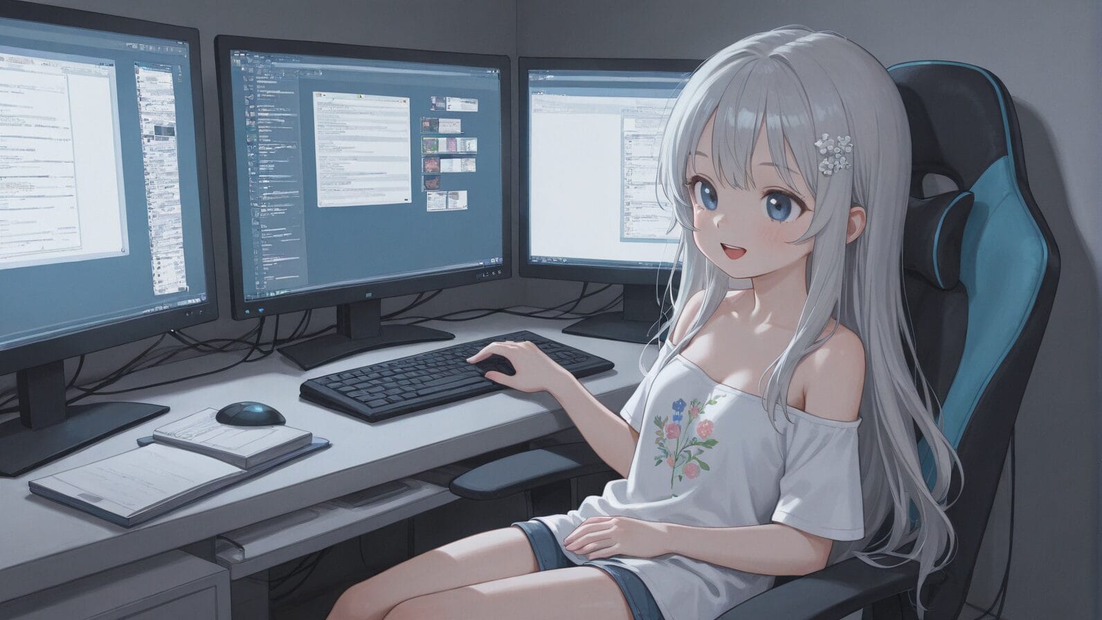 デスクに並んだ3台のモニターにコードやドキュメント画面が表示され、白い長髪のアニメ風少女がキーボードとマウスを操作している様子。
複数画面で開発作業を行う構図のビジュアル。