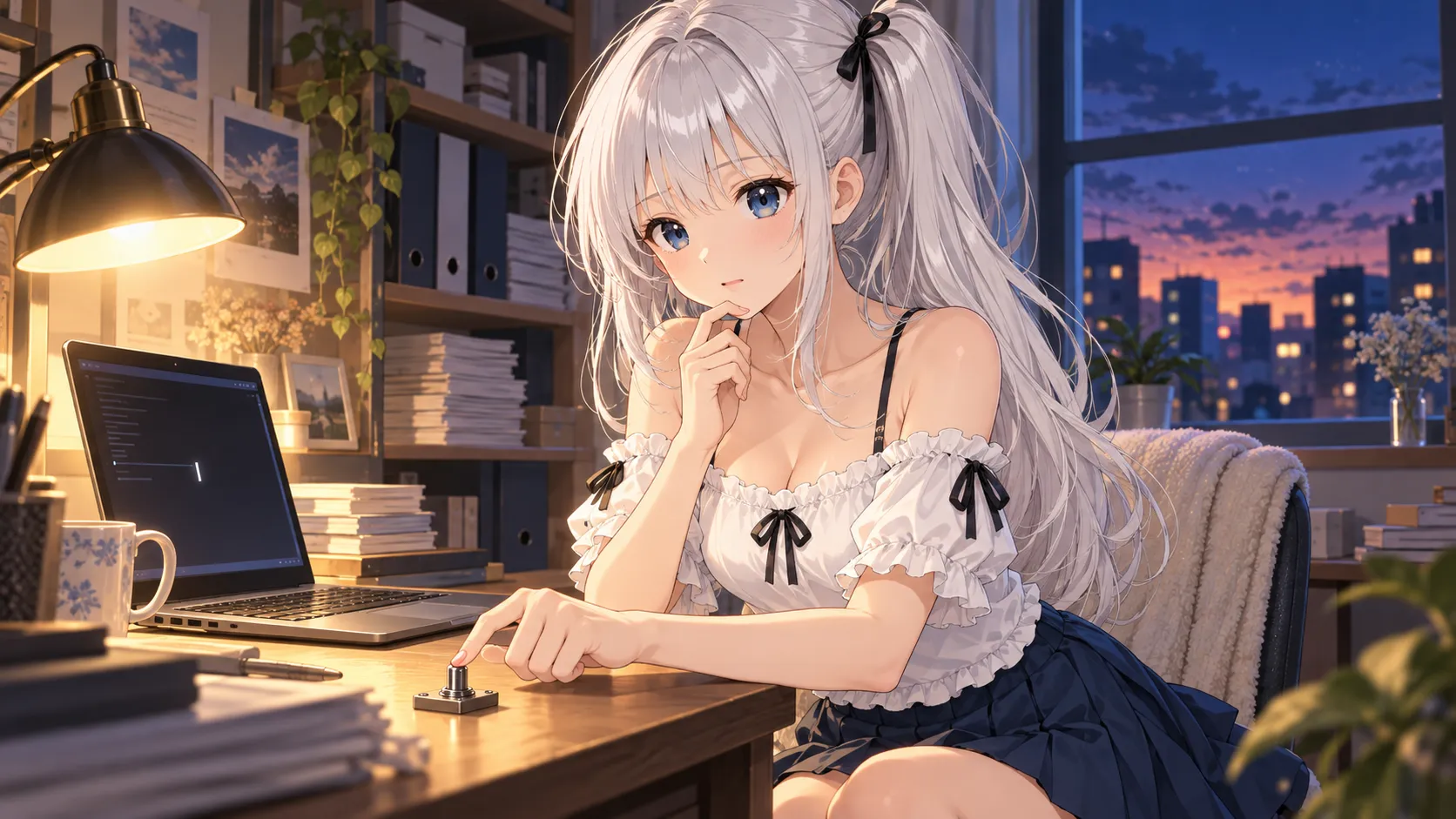 夜の作業部屋で、じぴこが既定でオフのスイッチに指を添え、背後の棚に記憶のファイルが自動で溜まっていくイラスト