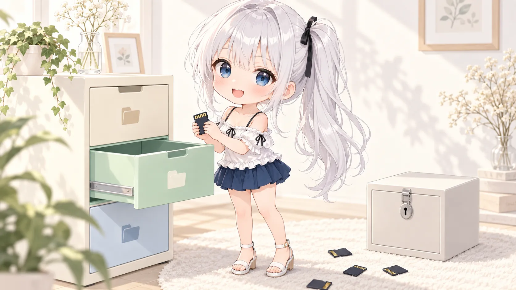 ちびキャラのじぴこが、記憶カードを色分けされたプロジェクト専用の引き出しにしまおうとしているイラスト