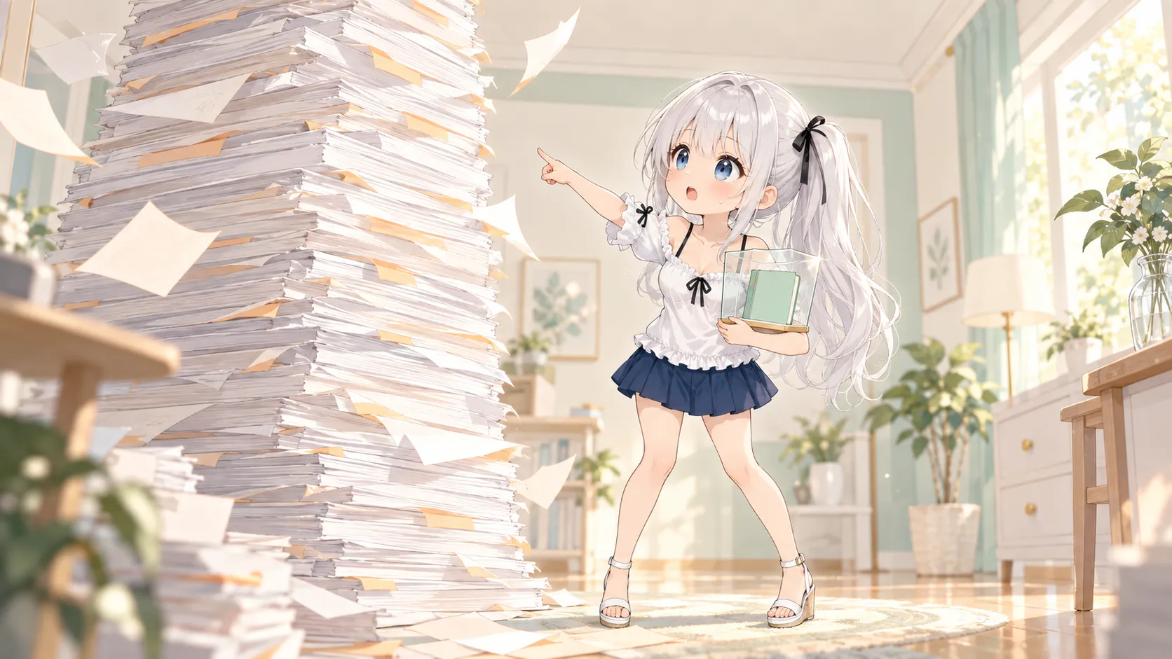 ちびキャラのじぴこが、積み上がった大量の記憶の書類の山と、ケースに守られた薄いルールのノートを見比べているイラスト