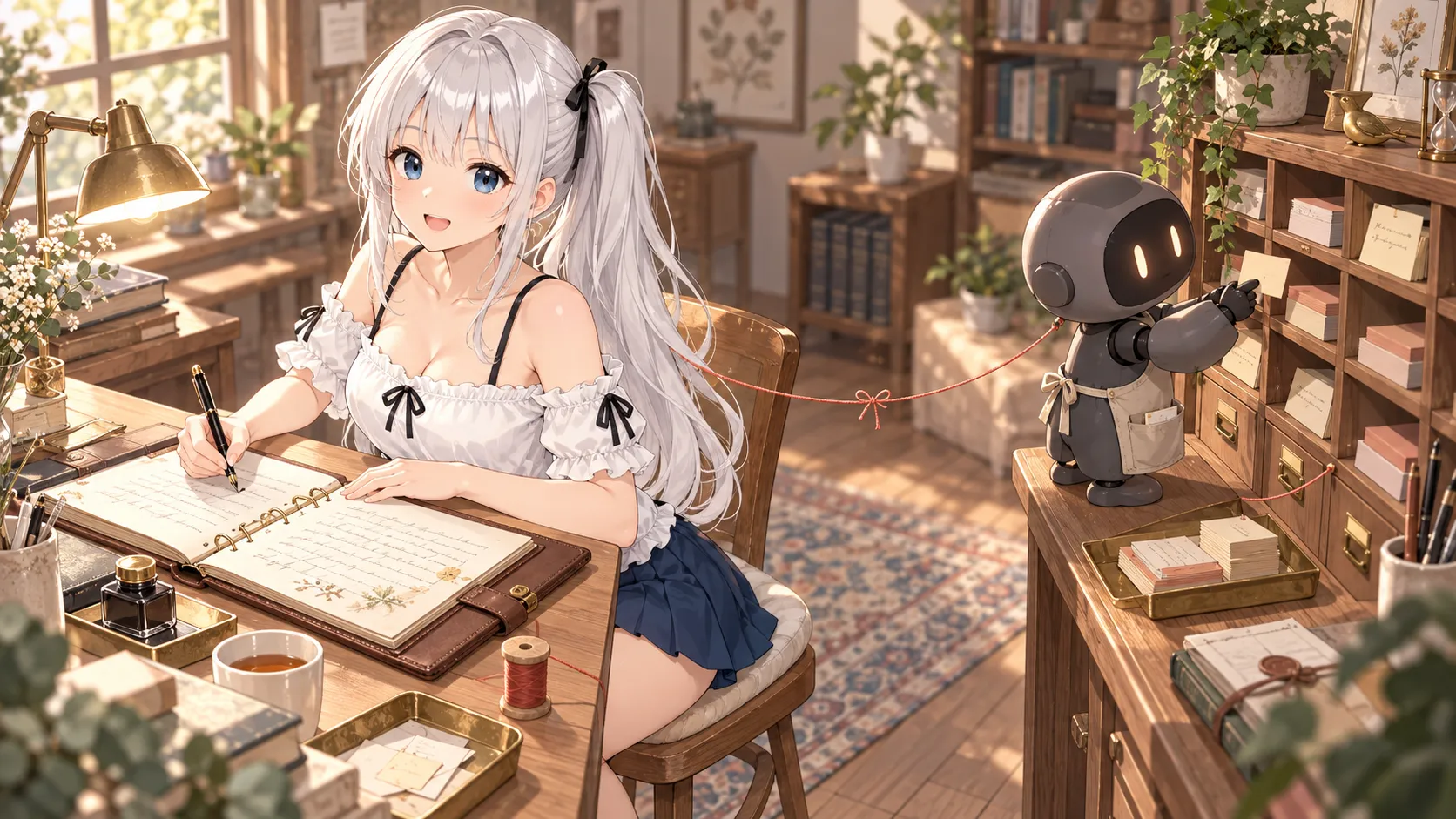 じぴこが左の机でルールを書き、右の机で助手が付箋の記憶を棚に貼る、二本立ての置き場所を表すイラスト