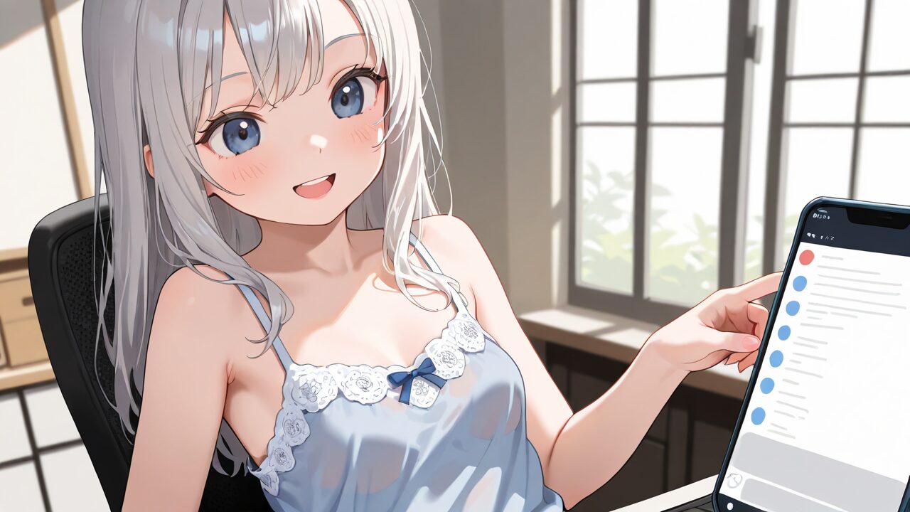 窓際でスマートフォンの一覧画面を指し示す銀髪のアニメ調の人物が、椅子に座っている。
