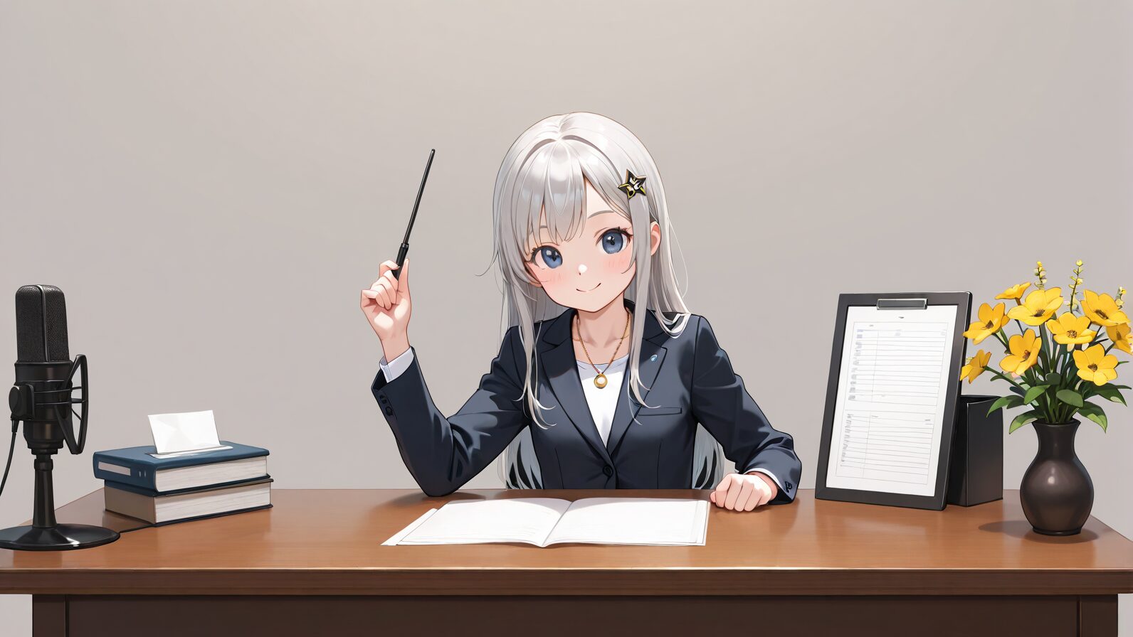 本を開いた机でペンを掲げ、横にマイクや花を置いた銀髪の女性のイラスト。