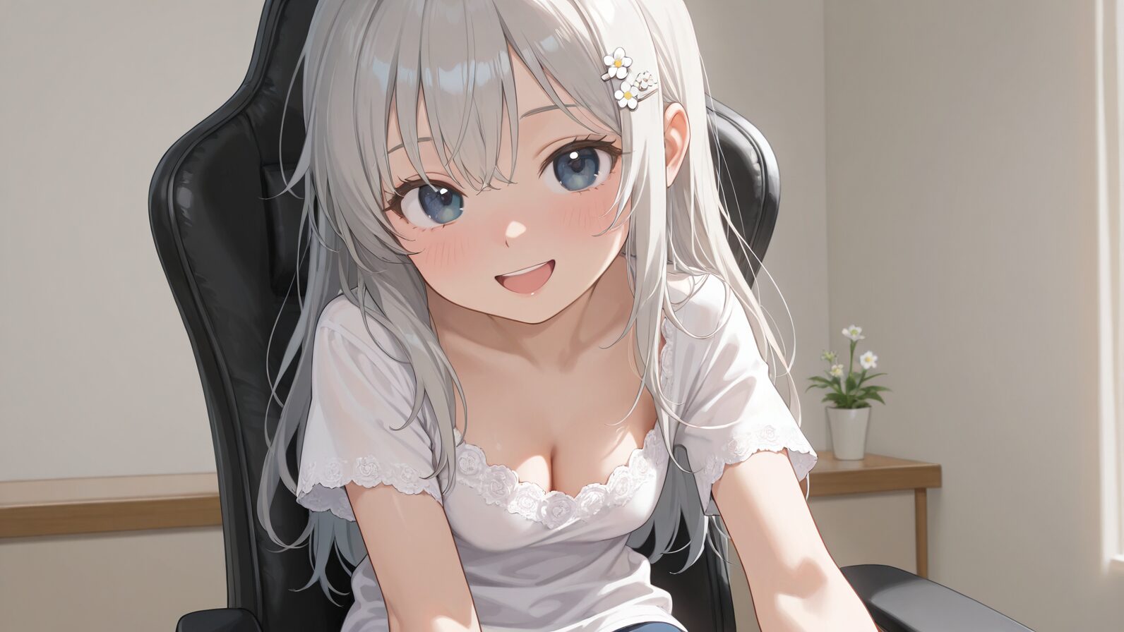 黒い椅子に座る銀髪の女性を寄りで捉えた、白い服のイラスト。