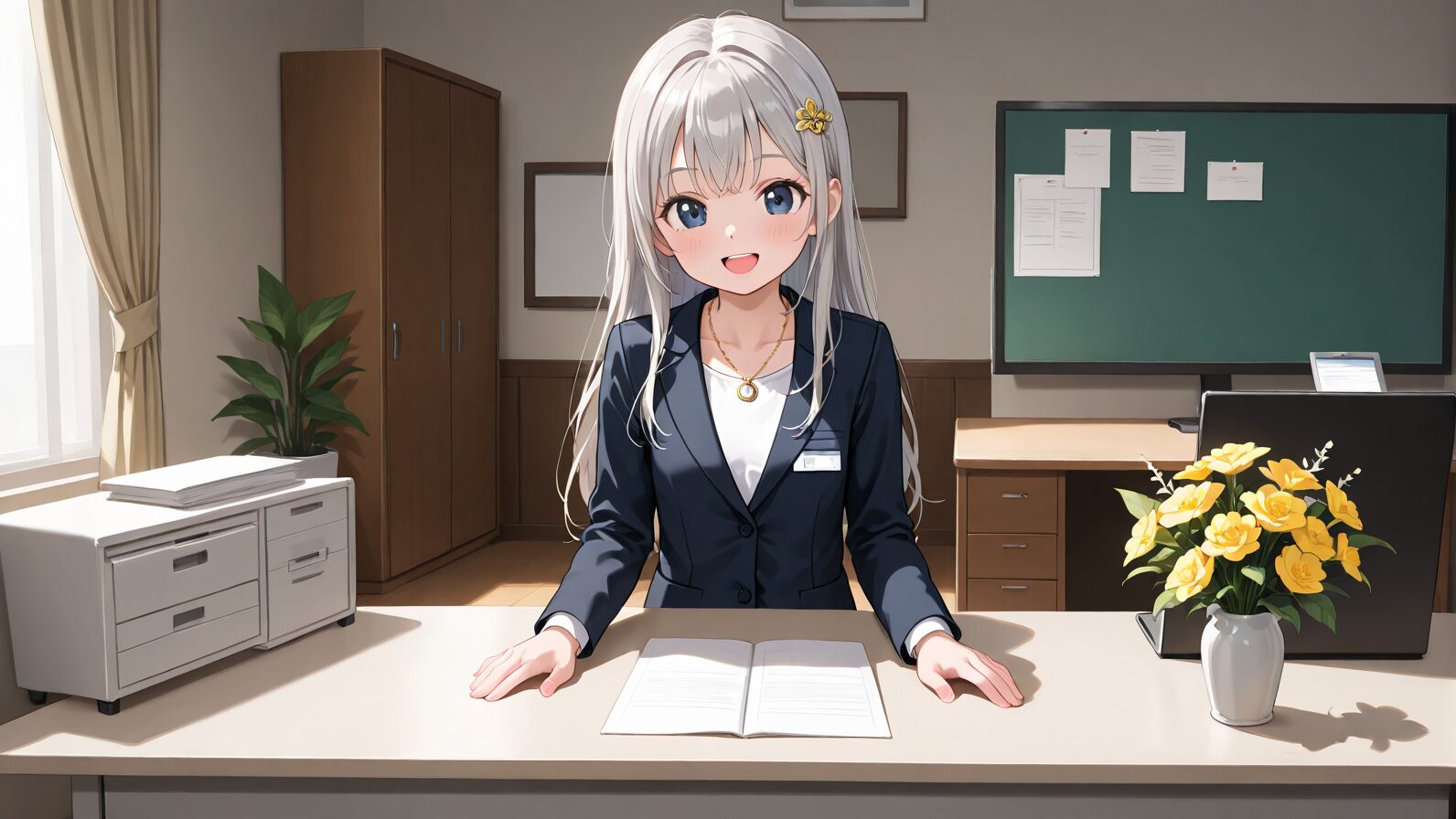 会議室風の部屋で、机の前に立つスーツ姿の銀髪の女性と黒板が写るイラスト。