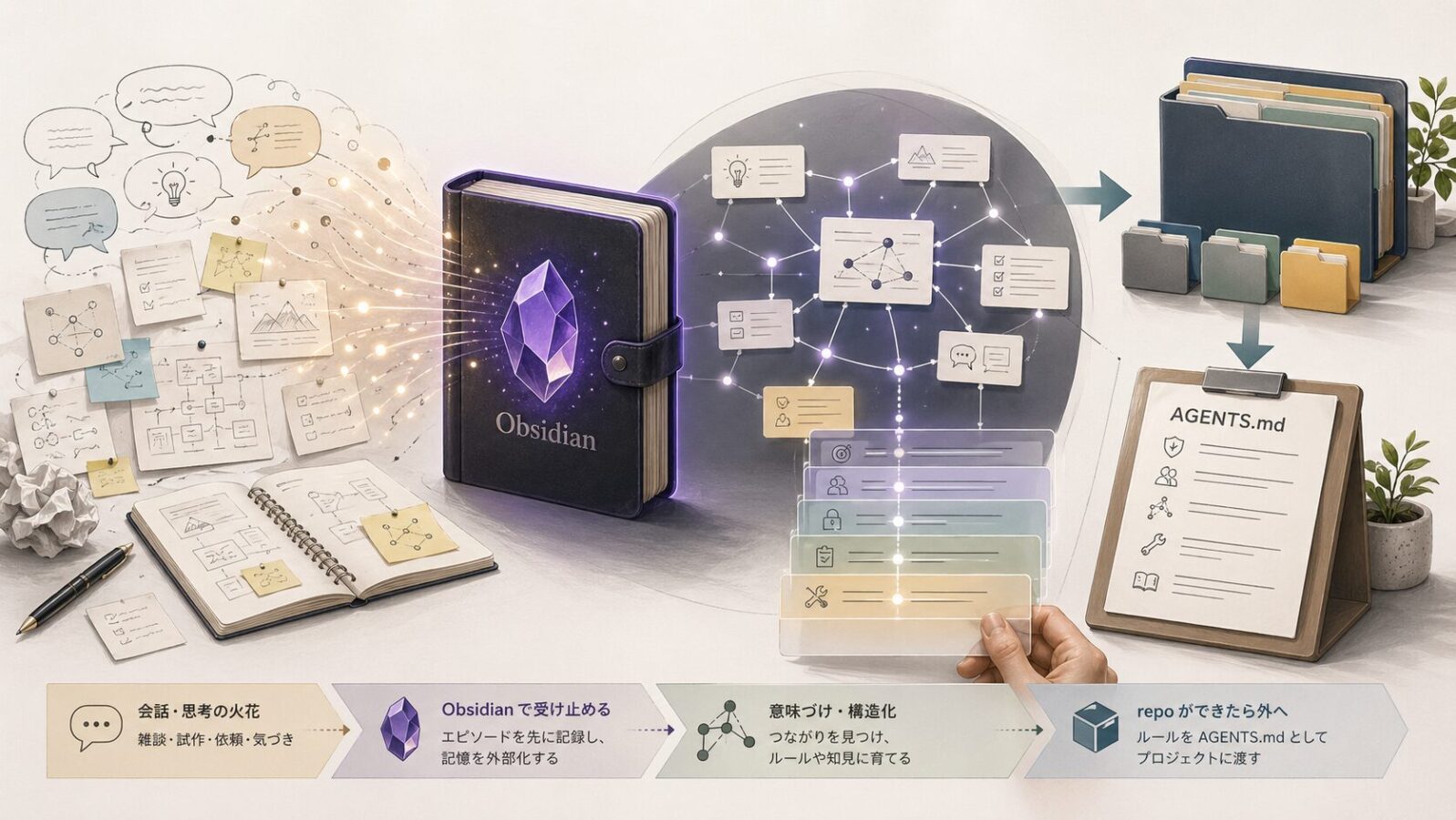 Obsidianがrepo化前の会話や判断を受け止め、記憶カードや構造化されたルールを経てAGENTS.mdへつながる流れを示す図解