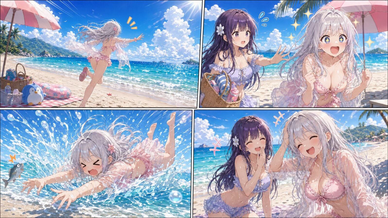夏のビーチに到着したじぴこが、友人の制止も聞かず海へ全力ダッシュし、そのまま波へ突っ込んで大はしゃぎする4コマ漫画。「きゃあああ、海ぃぃぃ!」