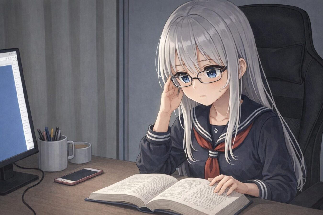 眼鏡をかけた少女が机で本を開き、新規セッションの読み直しを進めるイラスト。
