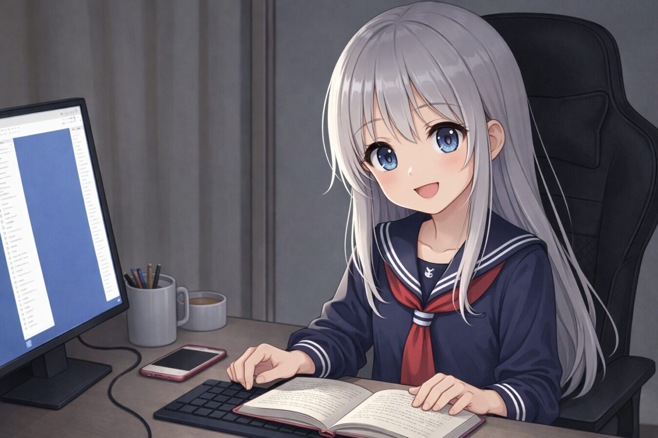 本とキーボードを前に、運用の要点を整理しながら微笑む少女のイラスト。