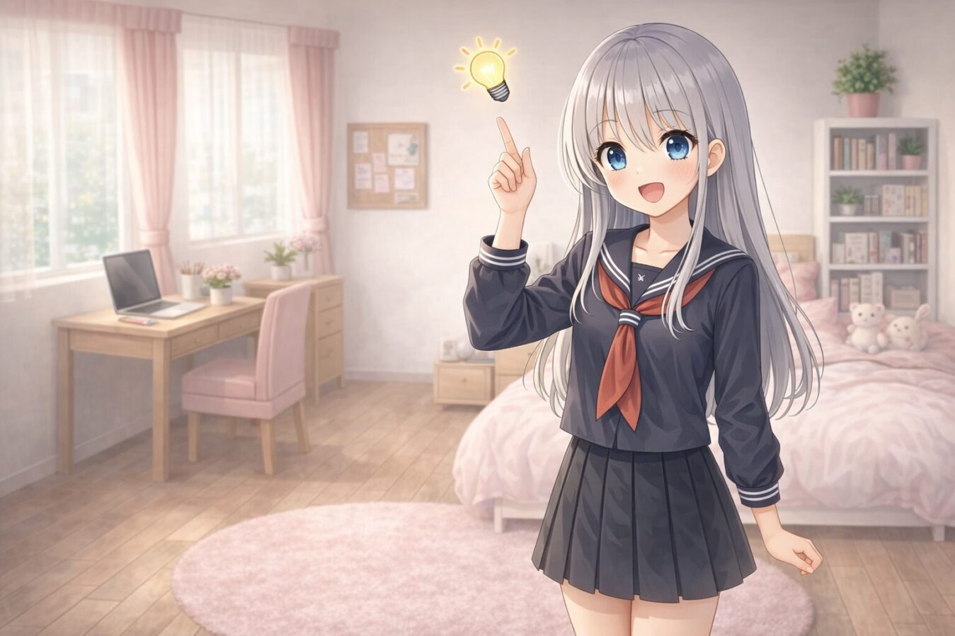 明るい部屋で指を立て、運用の要点のまとめを思いついた少女のイラスト。