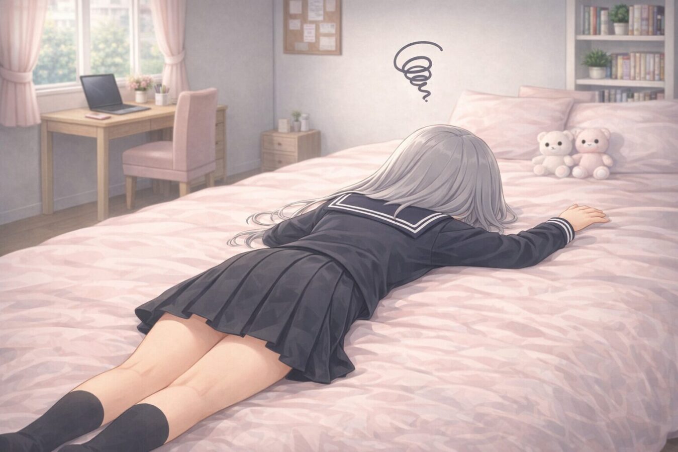 ベッドにうつ伏せで倒れ込み、頭上に渦巻きが浮かぶ少女のイラスト。