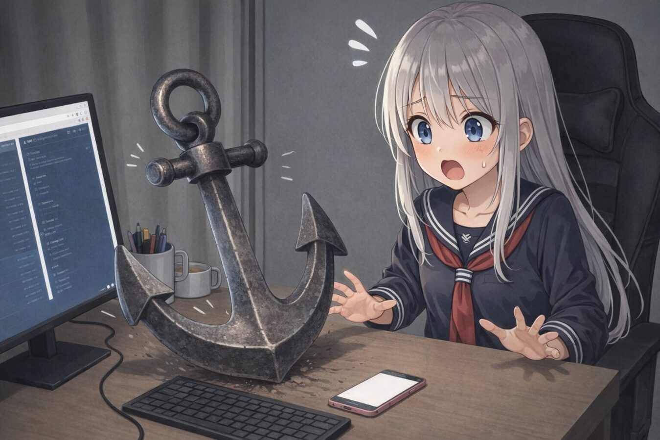 机の上に大きな錨が現れて驚く少女のイラストで、hooksの記録フローを説明する節に添えた図。