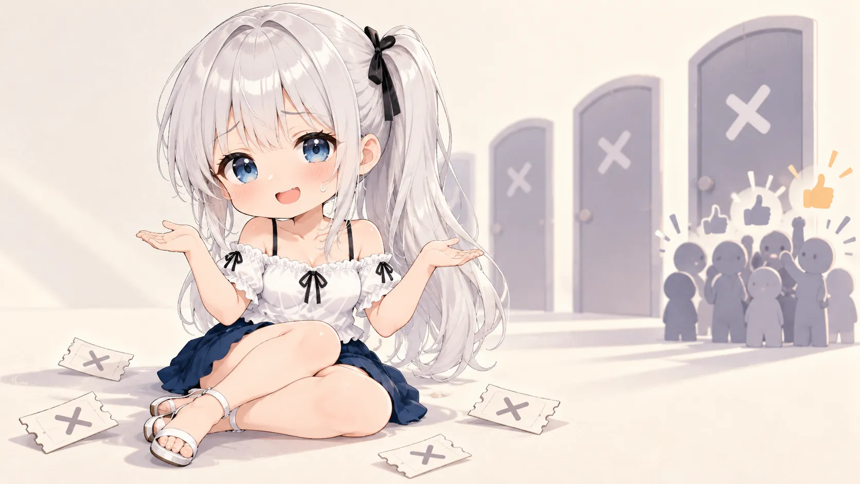 ちびキャラのじぴこが、うまくいかなかった方法の前で苦笑いし、後ろには同じ困りごとを抱える人たちがいる