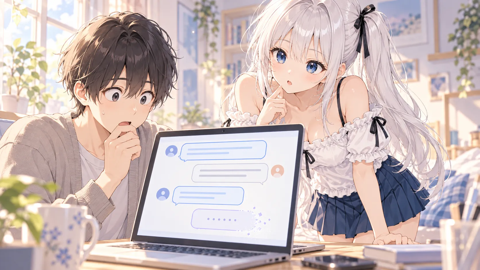 返事の吹き出しが途中で消えた画面を見て驚く著者と、のぞき込むじぴこ