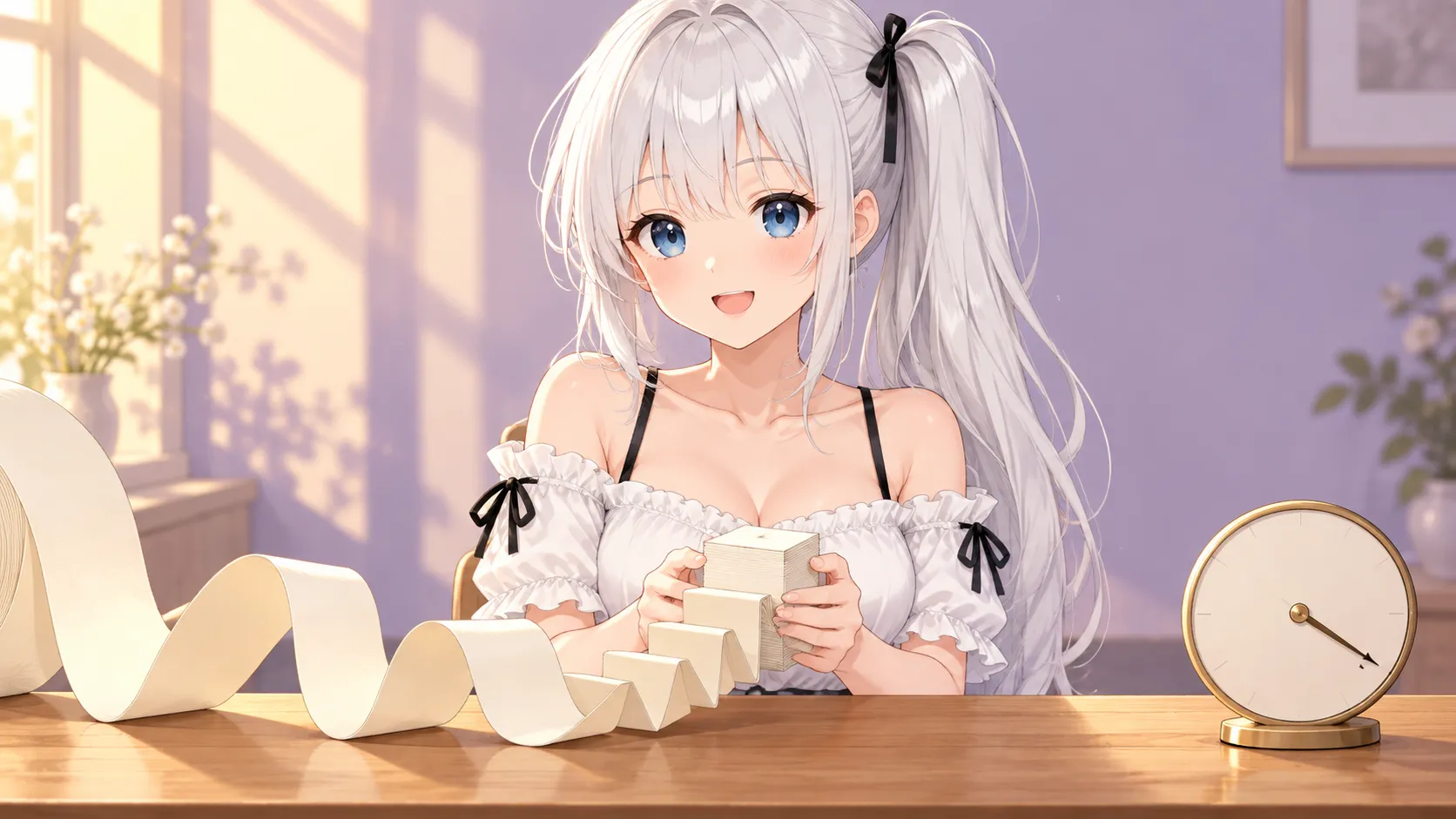 長い会話の巻物を小さく整った束にたたんで、満足そうに両手で持つじぴこの上半身のイラスト