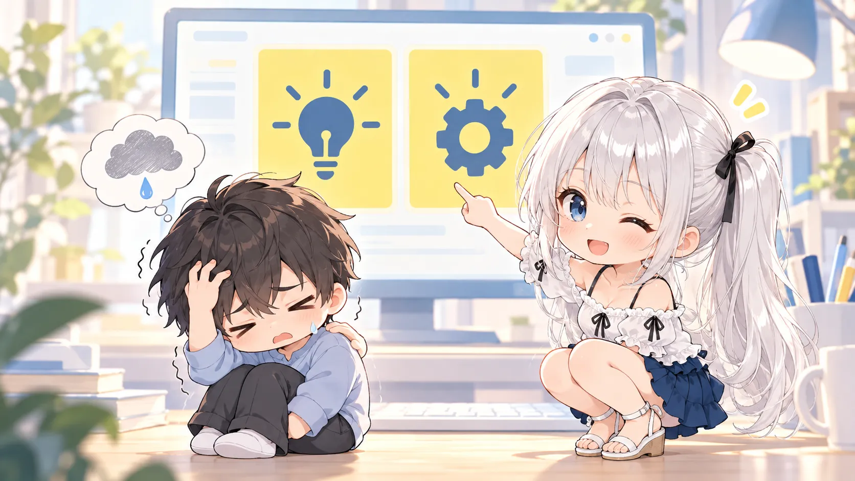 黄色い札が二枚並んだ画面に震える小さな著者と、肩を叩くちびキャラのじぴこ