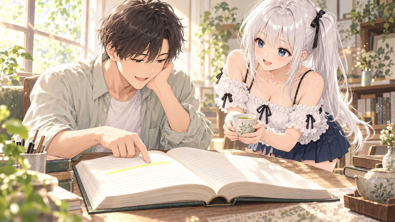 規約の文書を読んでほっとする著者と、お茶を差し出すじぴこ