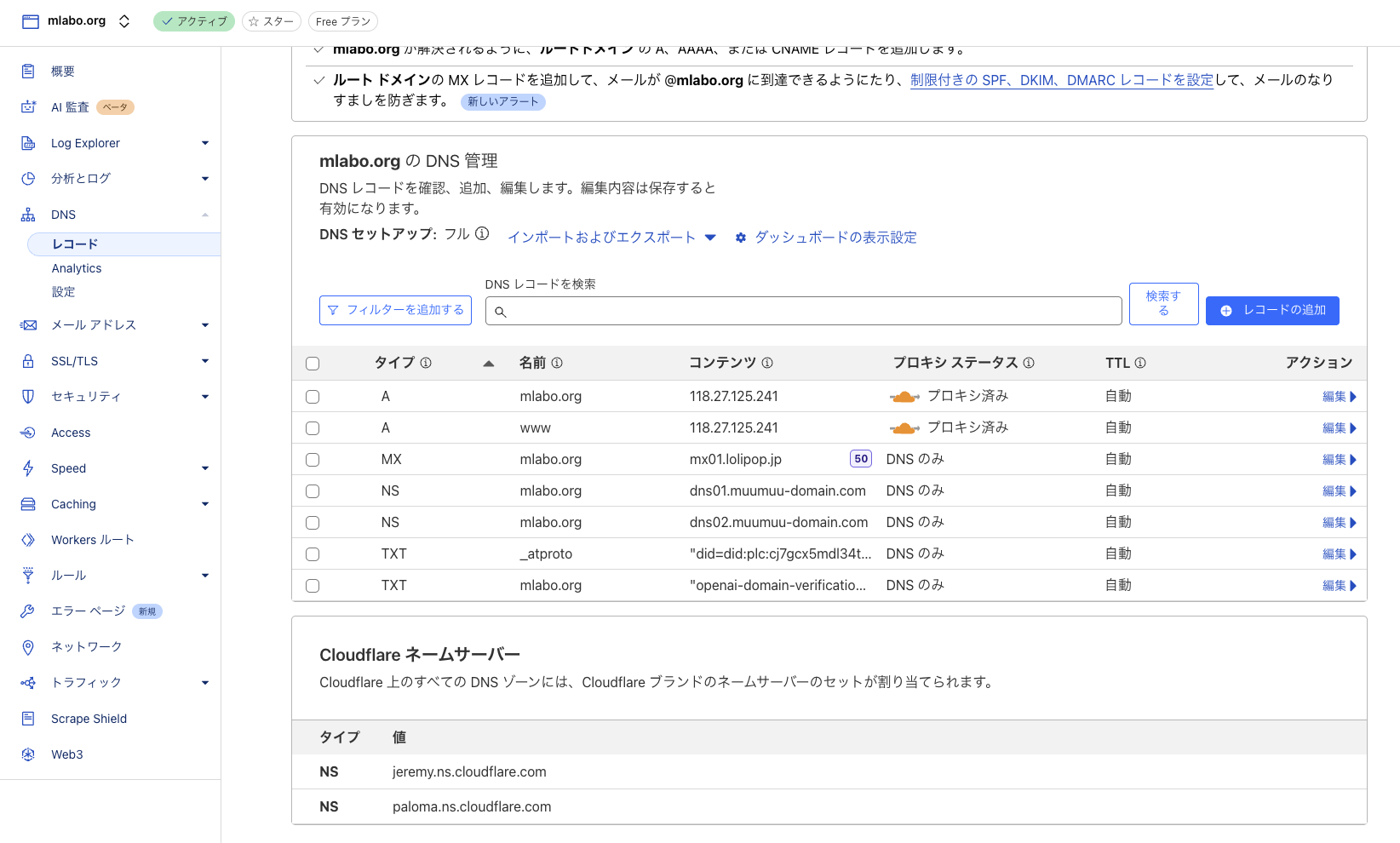 Cloudflare指定のネームサーバー情報（jeremy、paloma等）が表示されている画面。

