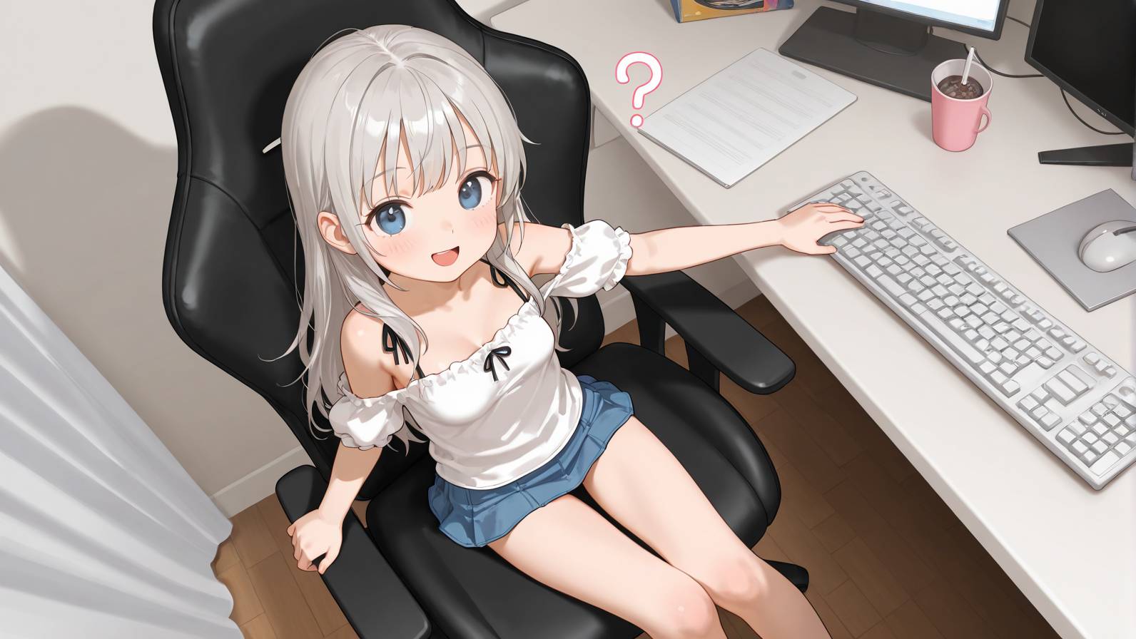 銀髪のアニメ少女がデスク横の椅子に座り、キーボードに手を伸ばしているイラスト。DockerやWordPress構築に関する疑問を整理するFAQセクションのビジュアル。