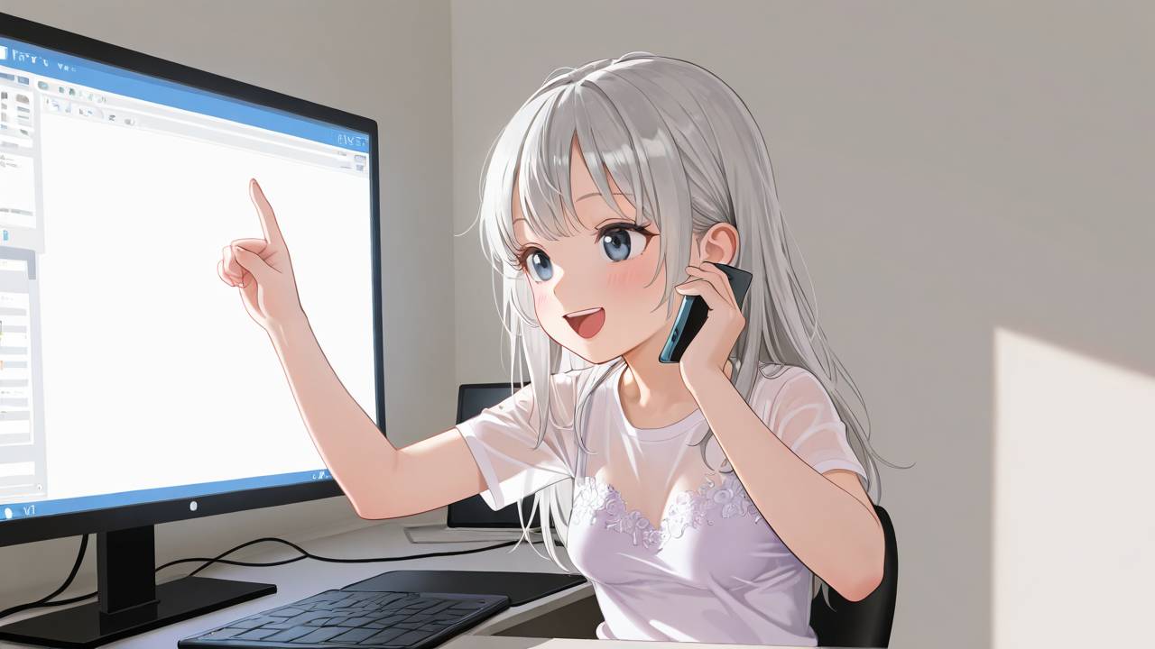 モニターを指しながら通話する人物を描いた、Codex運用のFAQを案内するイメージ。