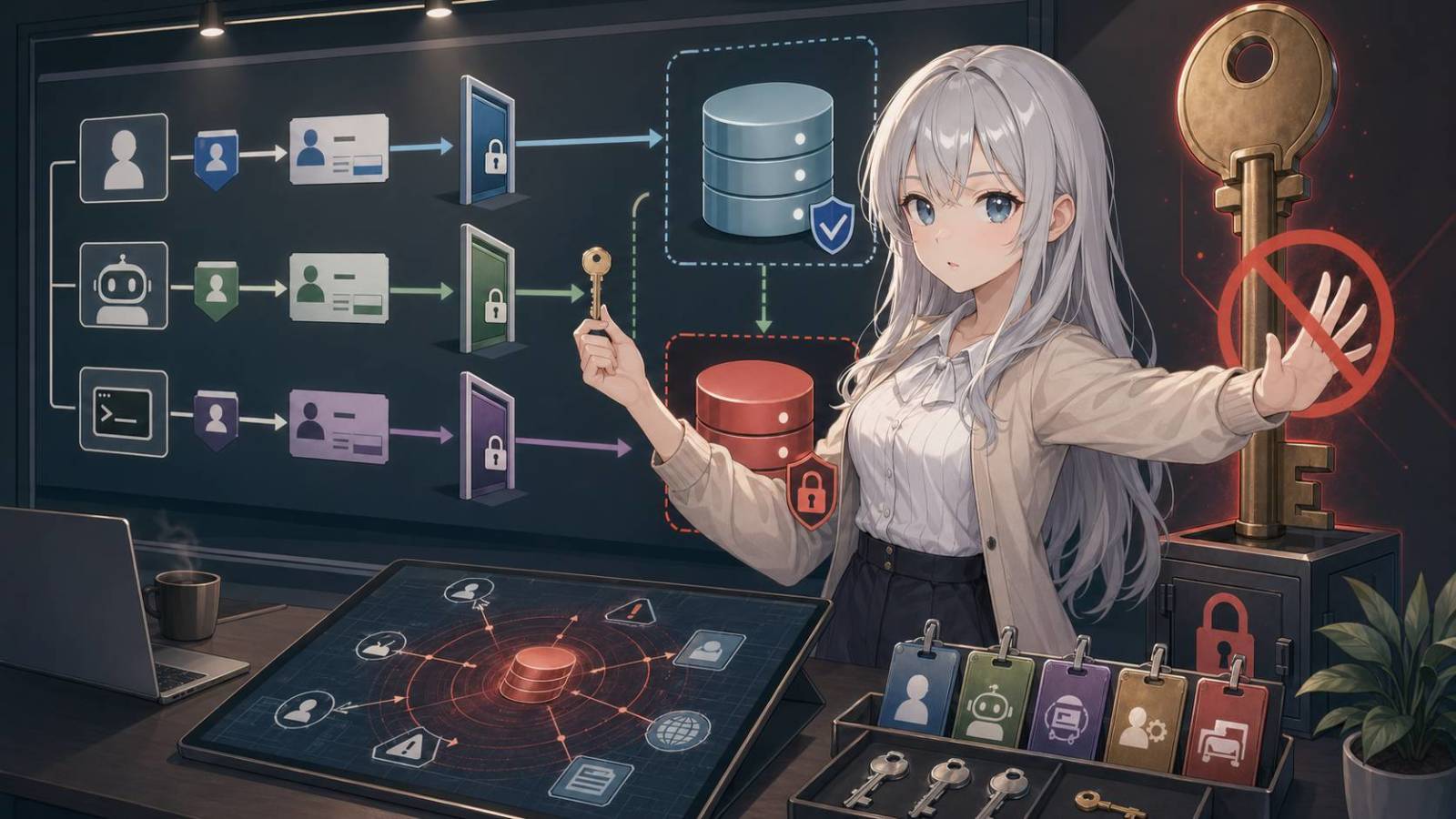 BLOGマスコットが、本番DBへ続く権限の通路と鍵を点検し、モデル性能より権限設計が事故範囲を決めることを示しているイラスト。