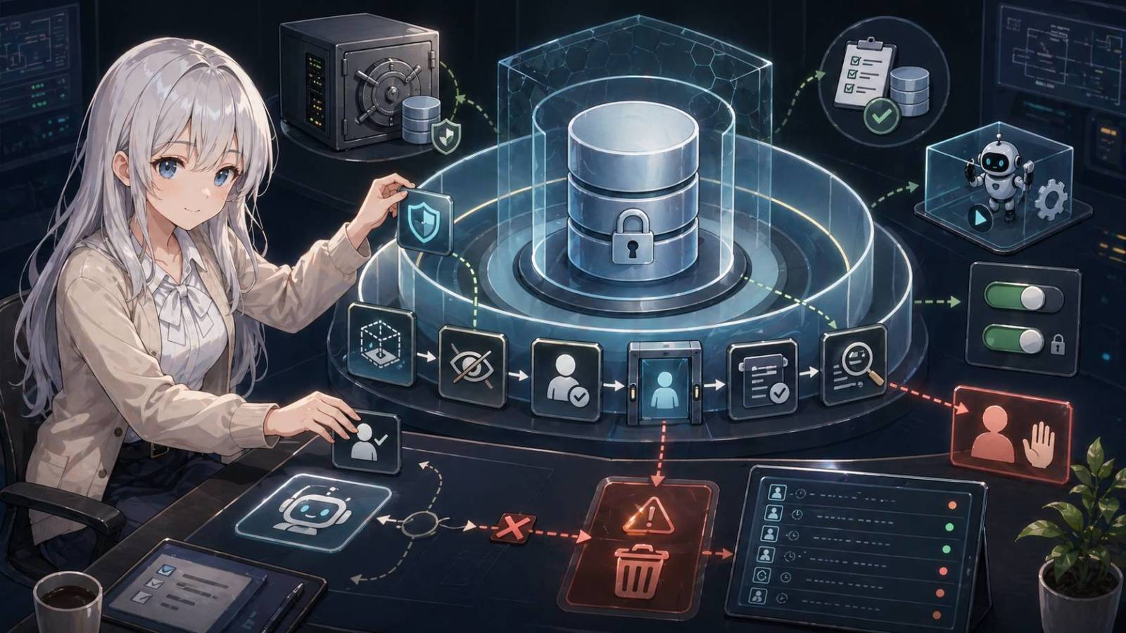 BLOGマスコットが、本番DBの前にバックアップ、復元テスト、dry-run、人間承認の安全柵を配置しているイラスト。