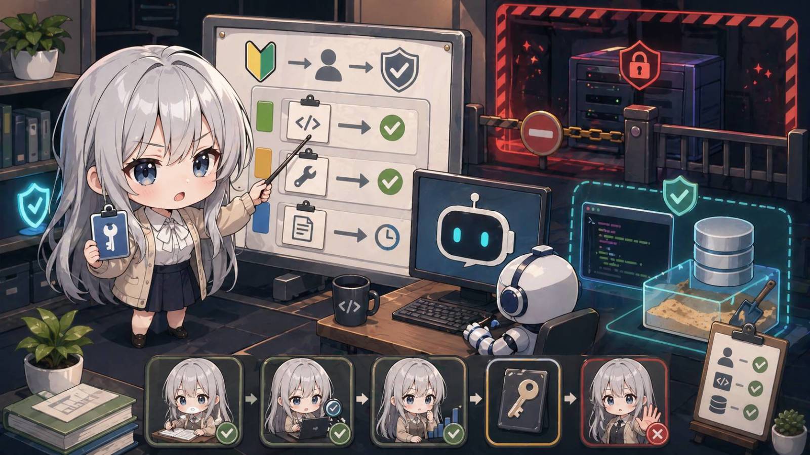 ちびキャラ化したBLOGマスコットが、新人エンジニアのようにAIエージェントへ小さなタスクと限定権限を渡し、段階的に様子を見ているイラスト。