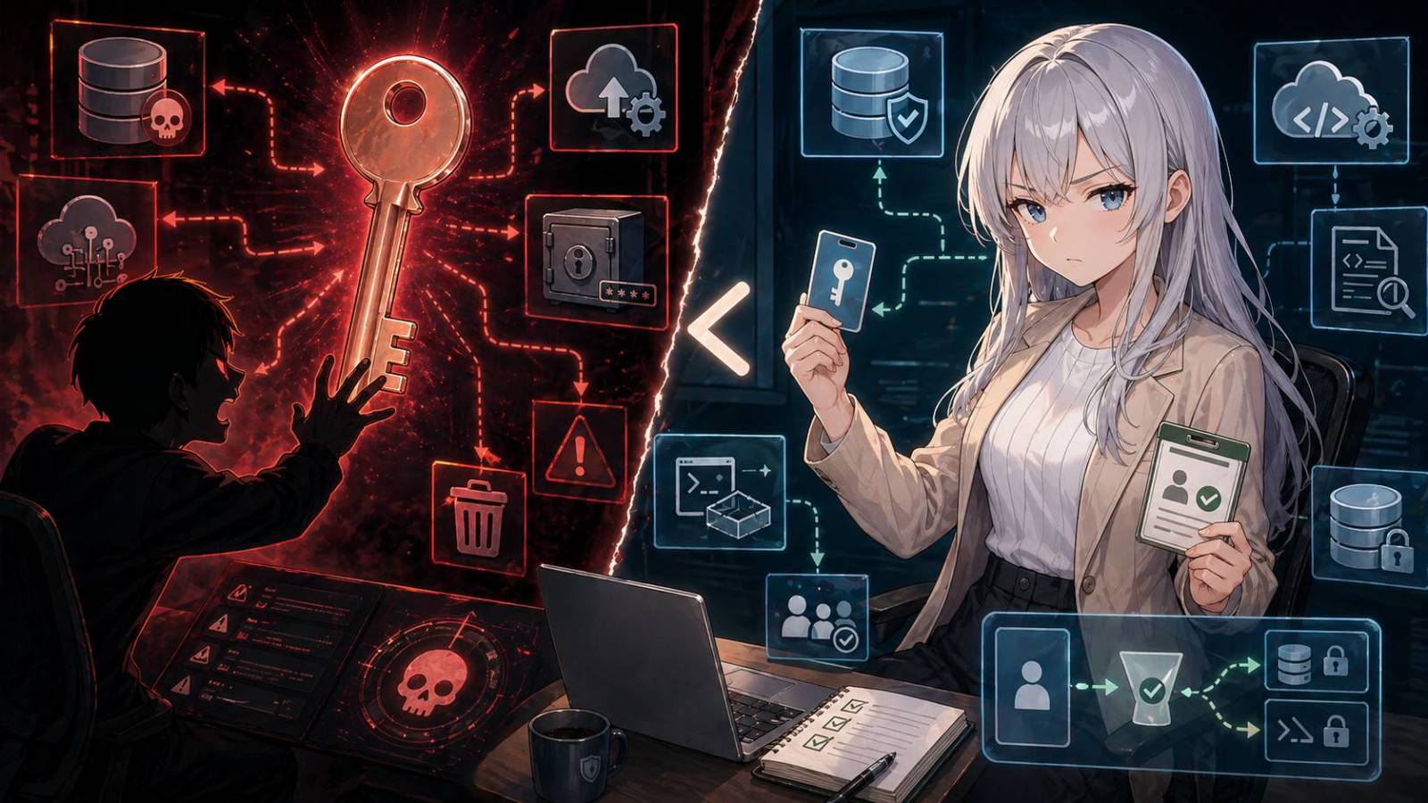 BLOGマスコットが、巨大な万能キーを欲しがる危険な使い方と、小さな限定キーで安全に進める使い方を対比しているイラスト。