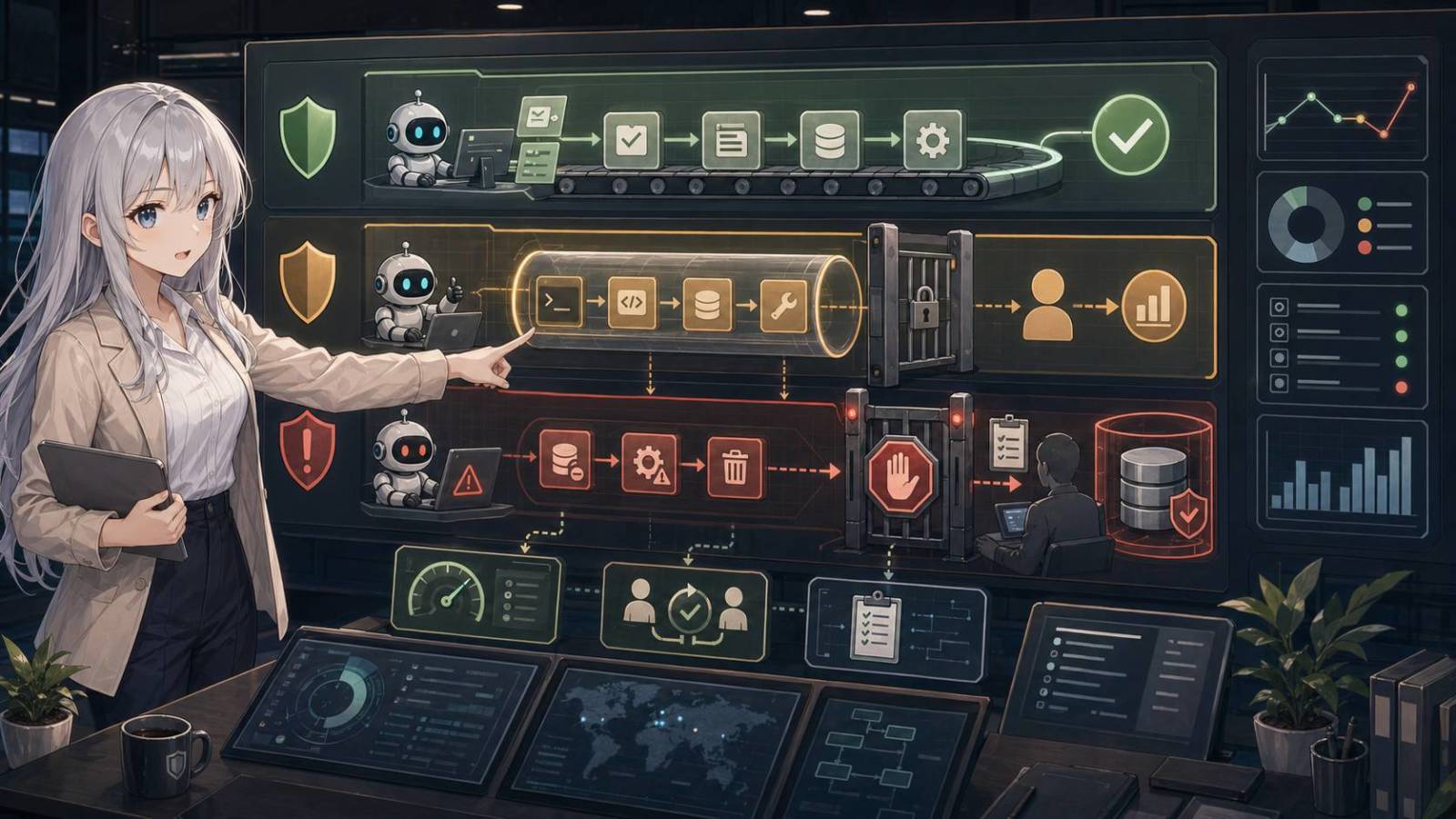 BLOGマスコットが、低リスクは自動化、中リスクは範囲付き許可、高リスクは人間承認で止める三段階の運用設計を示しているイラスト。