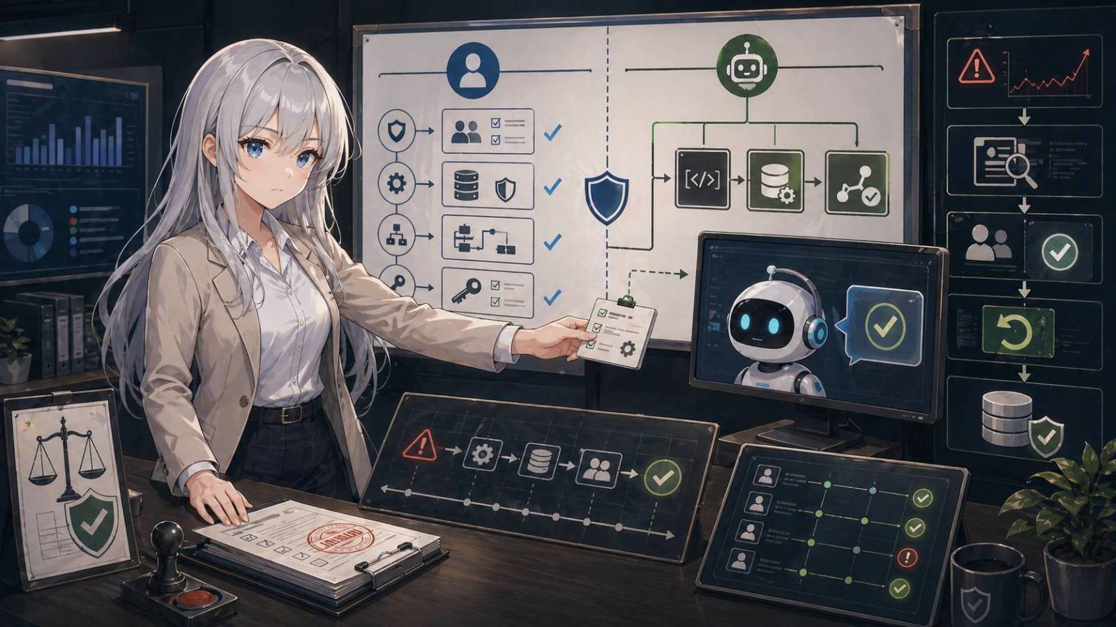 BLOGマスコットが、AIエージェントへ作業を任せる場面と、人間側に残る責任境界を分けて示しているイラスト。