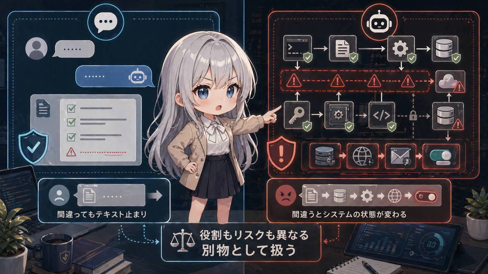 BLOGマスコットが、文章で止まるチャットAIと、DBやAPIを変更できるエージェントAIの違いを比較しているイラスト。