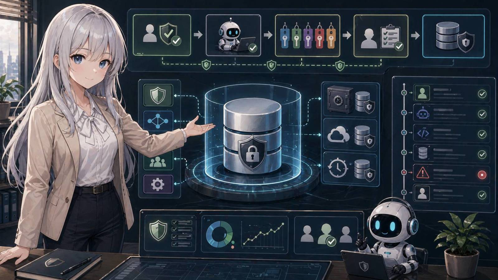 BLOGマスコットが、AIエージェントを怖がるのではなく、権限設計とセーフティで安全に活用する結論を示しているイラスト。