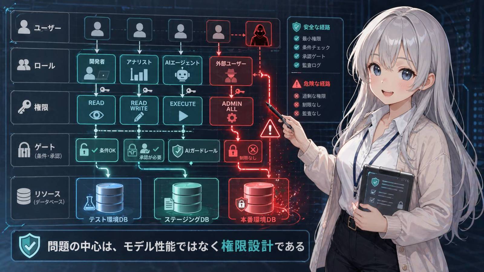 BLOGマスコットが、本番DBの前にバックアップ、復元テスト、dry-run、人間承認の安全柵を配置しているイラスト。