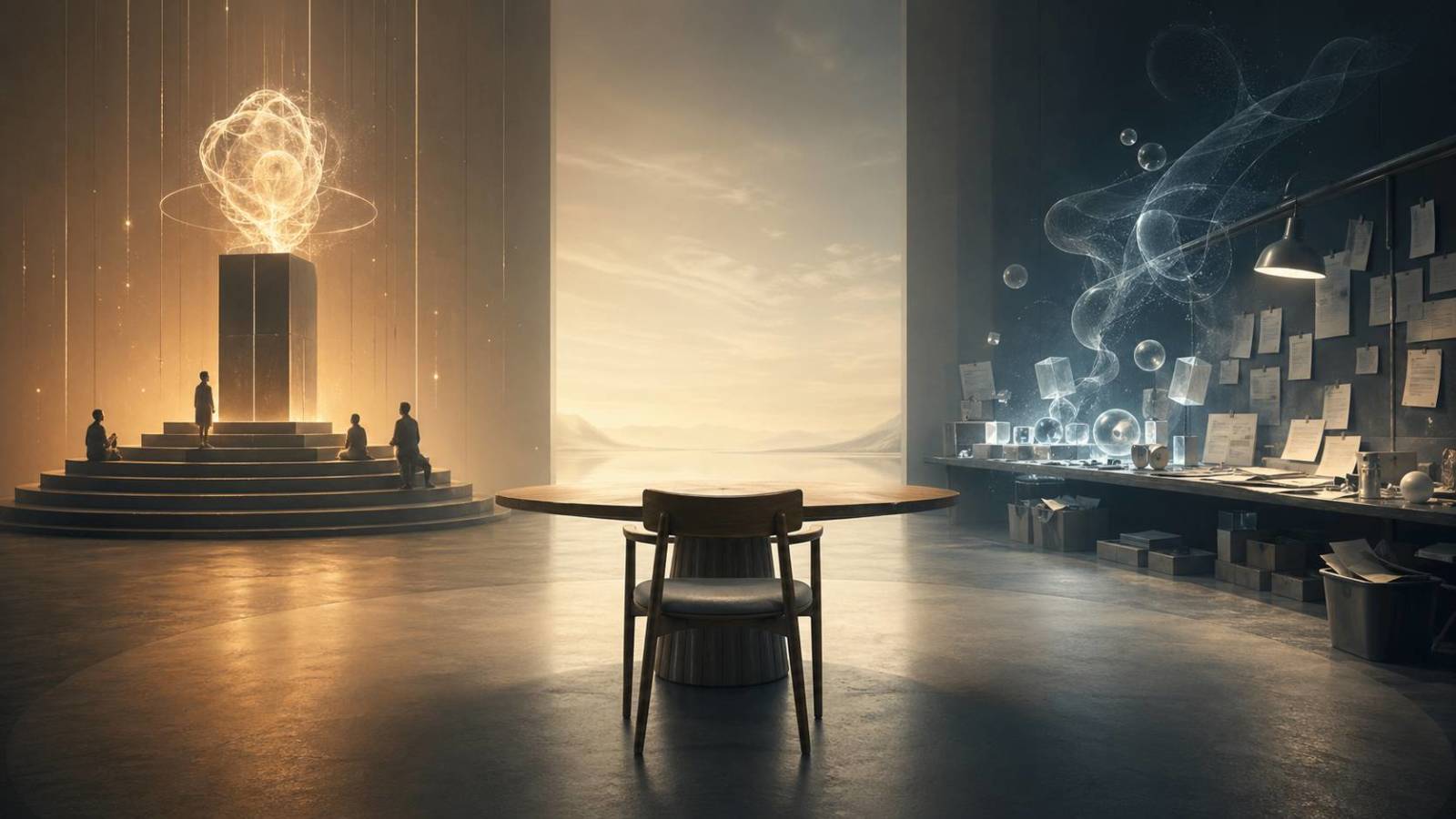AIを神格化する神殿のような空間と、AIを道具として積み上げた作業机の間に、対話のための空席が置かれている。