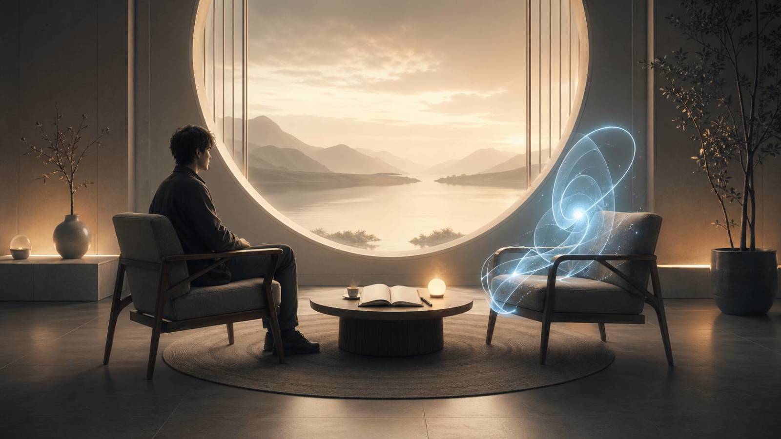 人間の席とAIを象徴する光の席が同じ高さで向き合い、間に置かれたノートが尊重と対話の関係を示している。