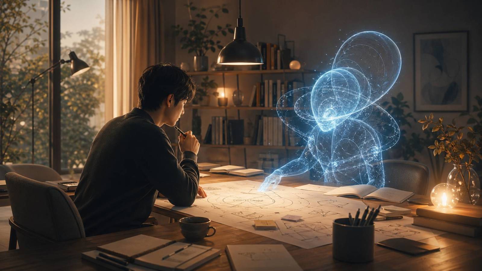 人間とAIを象徴する光の相手が同じ机で設計図を見つめ、命令ではなく協働として考えを進めている。