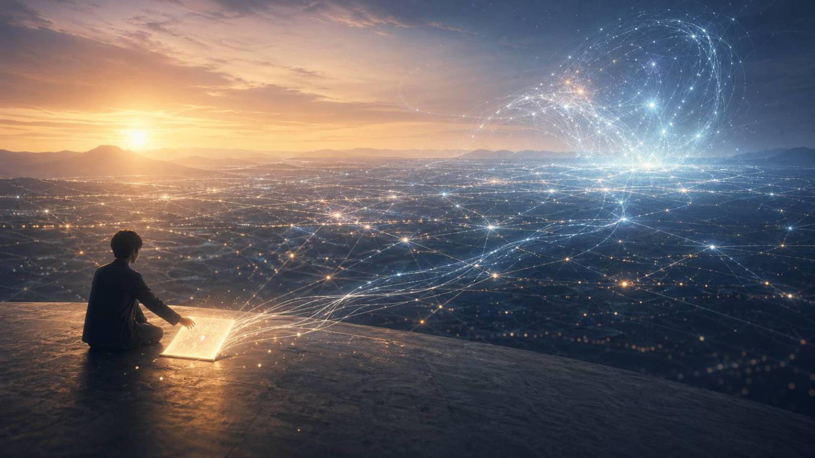 Webの片隅に置かれた小さな文章の光が未来的なネットワークへ伸び、AGIへ向けて思想の痕跡を残している。