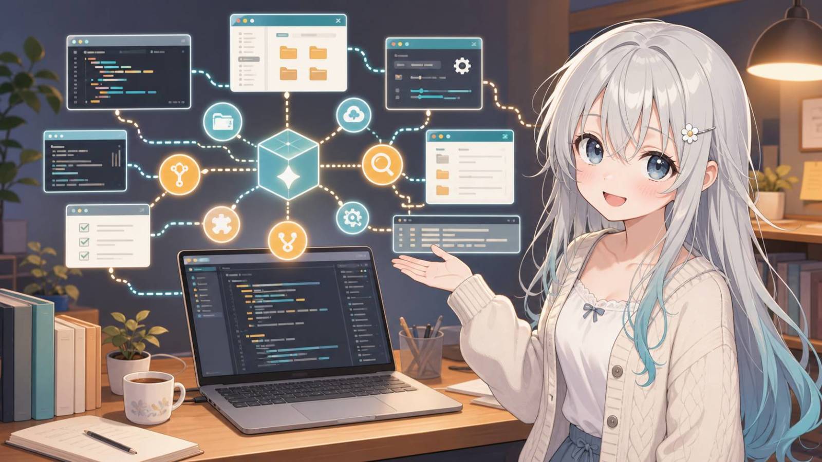 ノートPCの前に白髪のアニメ調人物が立ち、周囲にコード画面、フォルダ、検索、設定などの小さなUIパネルが線で接続されている。室内の机上には本、。 Codexの文脈に沿う内容。