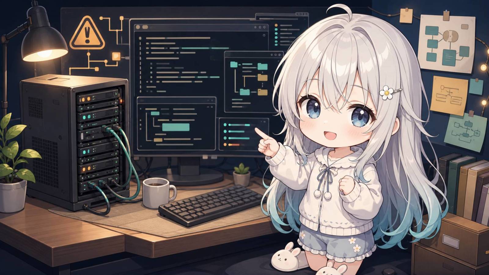 サーバーラックと複数のコード画面の前で、白髪の小さなアニメ調人物が画面を指している。背景には警告アイコン、フローチャート風の紙、付箋、机上のキ。 UNIXの文脈に沿う内容。