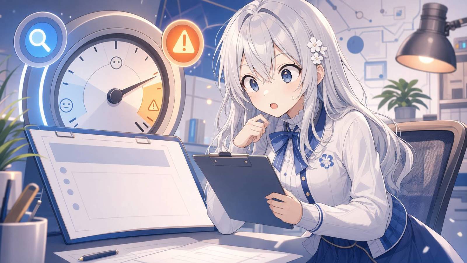 じぴこが診断メーターを見ながら、AI記事の違和感を症状として確認しているイラスト。