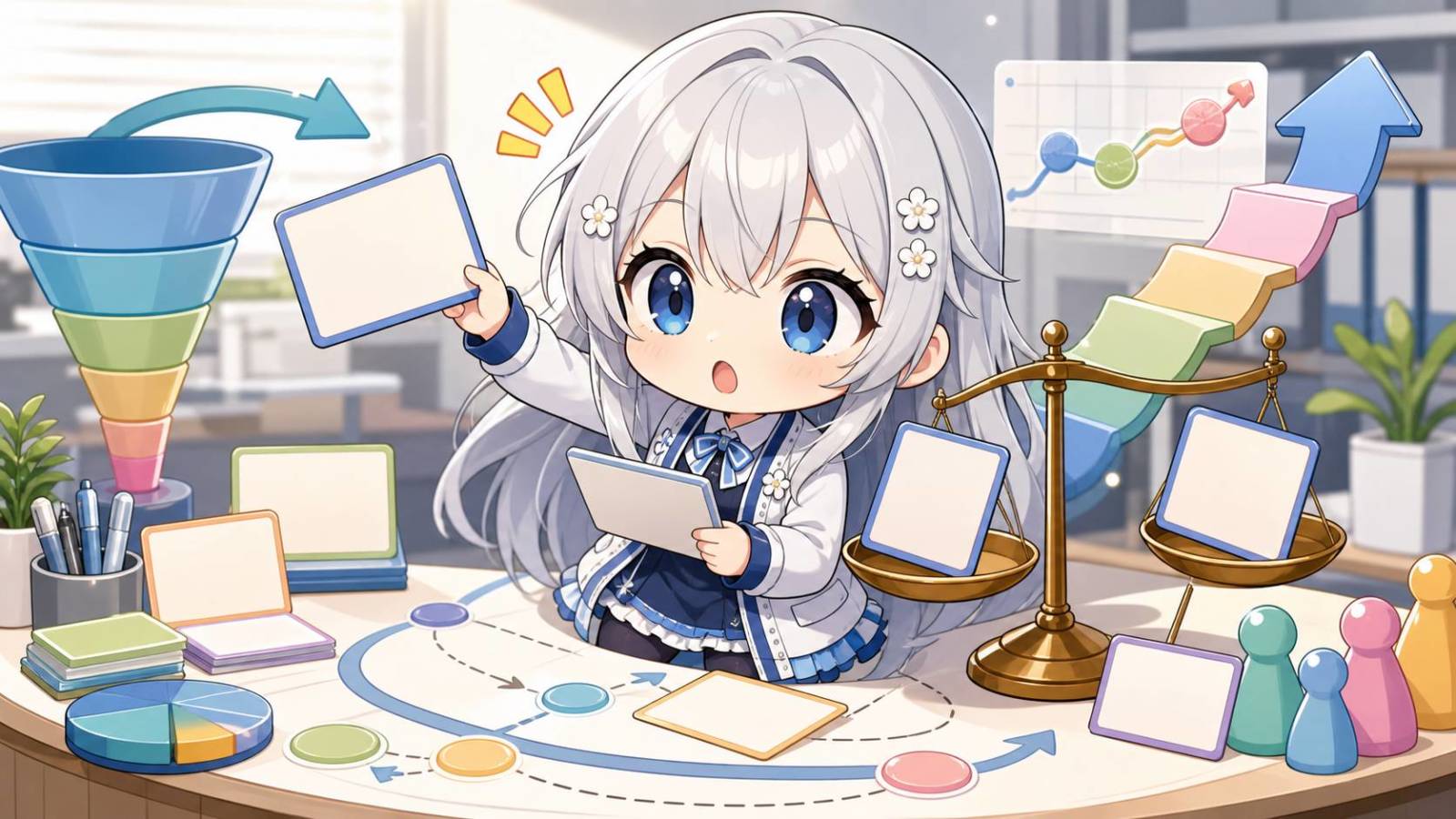 ちびじぴこが複数の要因カードを並べ、成約率とSEO導線の条件を整理しているイラスト。