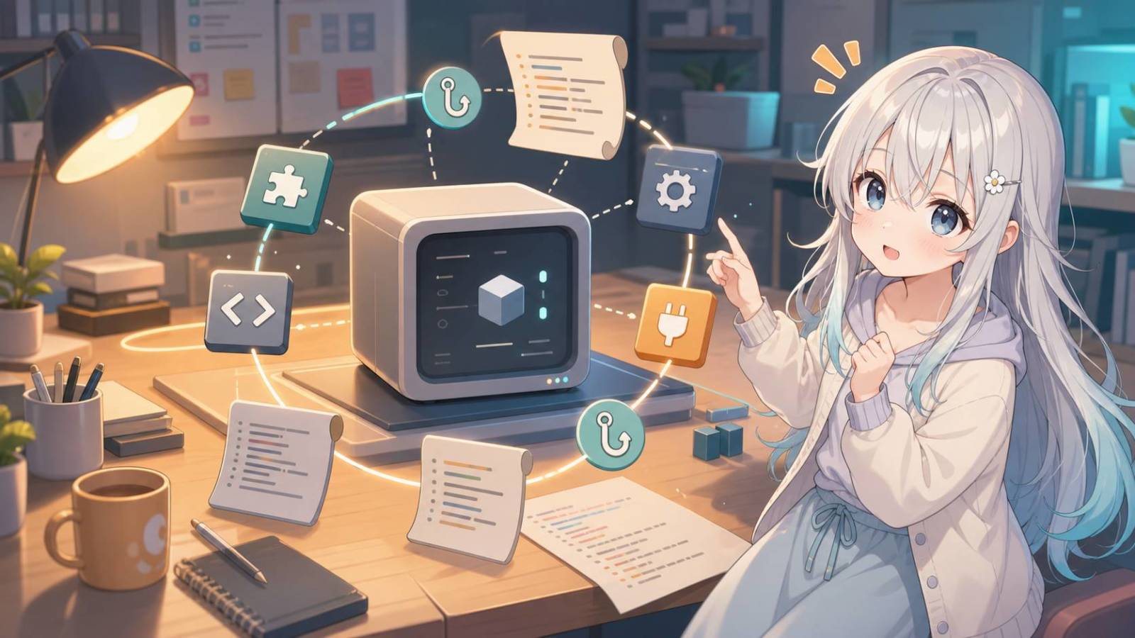 机上の小型端末を中心に、コード風の紙片やパズル、歯車、プラグのアイコンが光る線でつながっている。右側には白髪の少女が指を上げて説明しているよう。 UNIXの文脈に沿う内容。