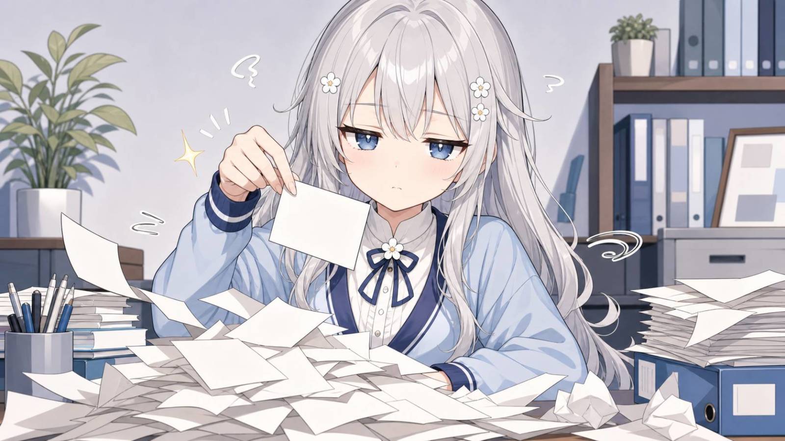 じぴこが散らかった文章の山から必要なカードを選び、雑さと個性を分けているイラスト。