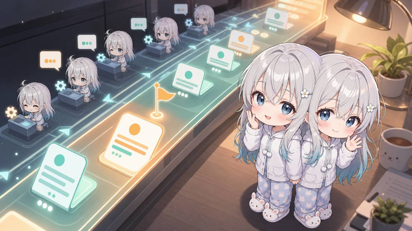 斜めに伸びる光る作業ライン上に、カード状の情報パネルと小さな作業中の少女たちが並んでいる。右側には似た姿の少女が二人立ち、片方が手を振っている。 OSの文脈に沿う内容。