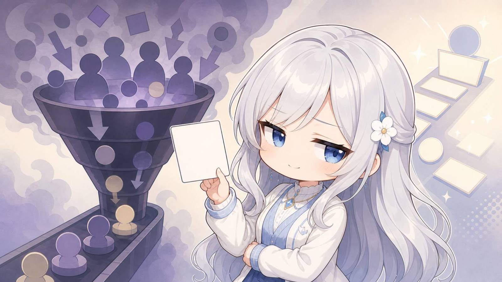 ちびじぴこがAI記事批判の不安導線を半目で眺め、判断カードを手元に残しているイラスト。