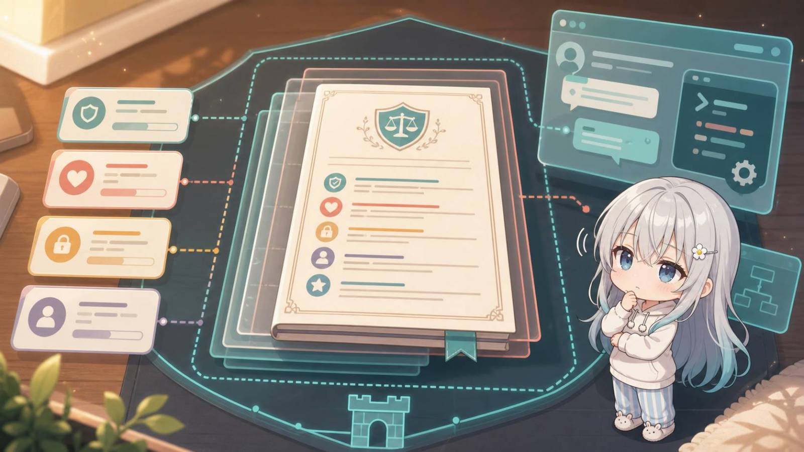 中央に紋章付きの書類が置かれ、周囲に盾、ハート、鍵、人型などの項目カードが線で接続されている。右側には考え込む表情の白髪の少女と、コード画面風。 AGENTSの文脈に沿う内容。