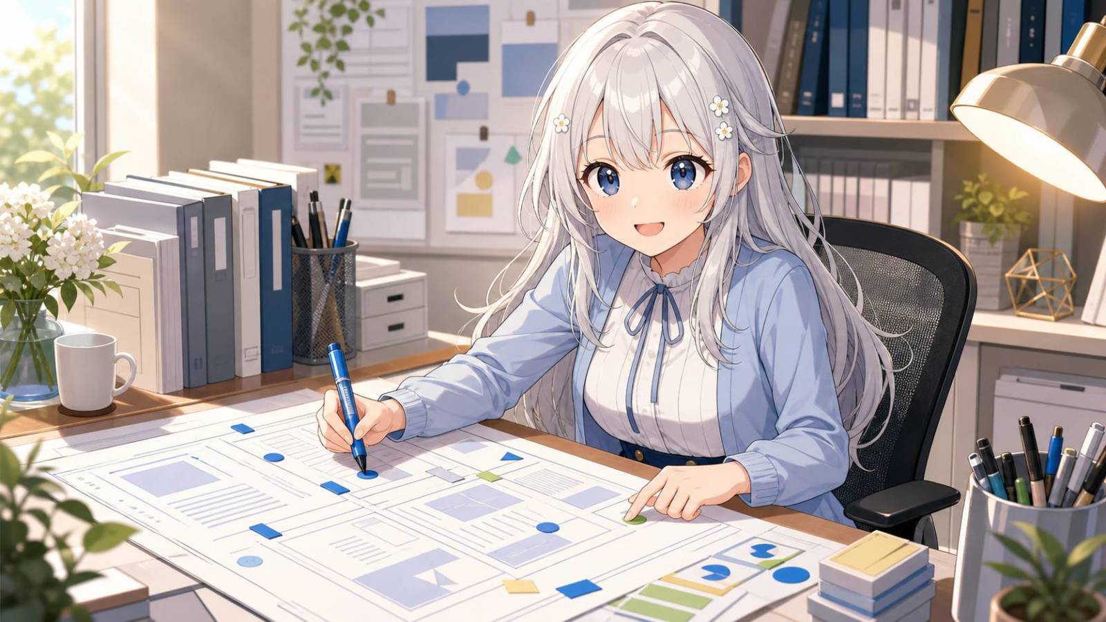 じぴこがAI記事の設計図に品質マーカーを置き、文章に人間の判断を残しているイラスト。