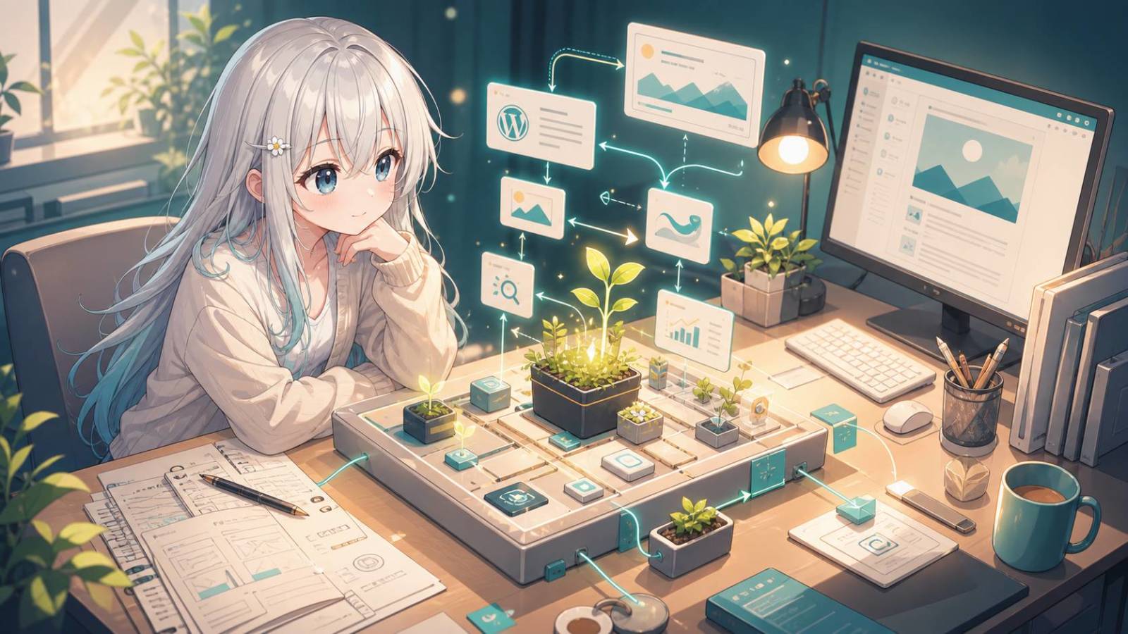 机上の箱庭のような基盤に複数の小さな植物が植えられ、光る線や矢印で周囲のカードや画面とつながっている。左側の白髪の少女が頬杖をつき、右奥のモニ。 UNIXの文脈に沿う内容。